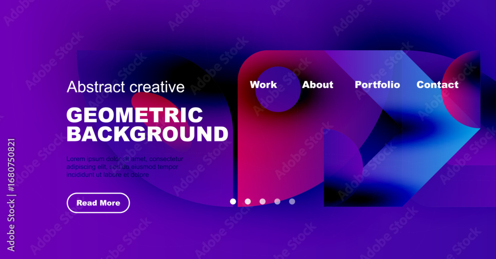 Aufkleber purple website header displays abstract shapes, text, navigation options. includes read more button,