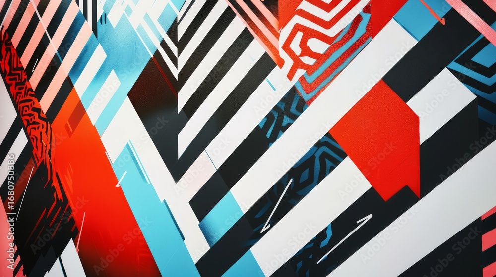 Poster the design features bold zigzag lines and arrows in a dynamic composition