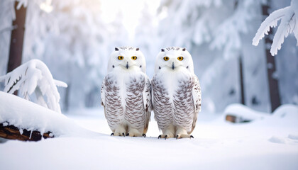 Pair of snowy owls white feathers yellow eyes perched in snowy forest winter landscape serene atmosphere cold weather natural wildlife frosty trees peaceful scene