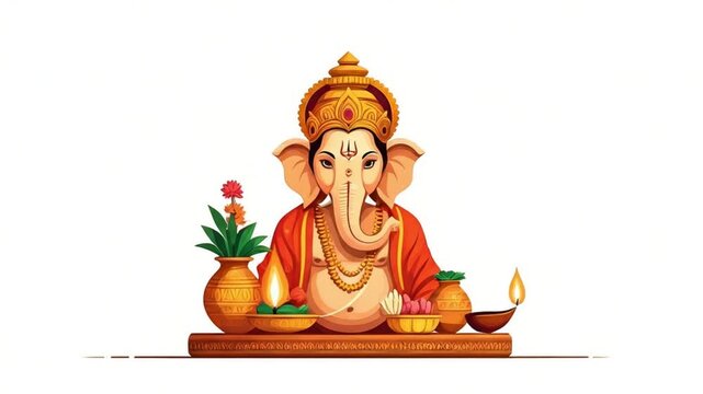 Illustration of Lord Ganesha sitting on a wooden platform with offerings and diyas on Ganesh Chaturthi against a white background.