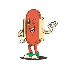 Friendly hotdog mascot wearing sneakers and a green cap, standing upright and making a ok sign while winking. Great for youth ads, social content, or laid-back branding. Vector illustration