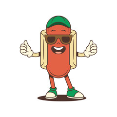 Cool hotdog mascot with sunglasses and open arms, smiling wide and exuding a lively, welcoming vibe. Perfect for summer street food branding, casual promotions, or playful ads. Vector illustration