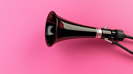 A high angle, close up studio shot of a black megaphone with a silver accent on a pink textured background, casting a soft shadow with pixelated