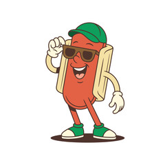 Hotdog mascot with tilted cap and stylish sunglasses adjusts its frames in a confident pose. Ideal for summer street food campaigns, retro branding, or playful advertising visuals. Vector illustration