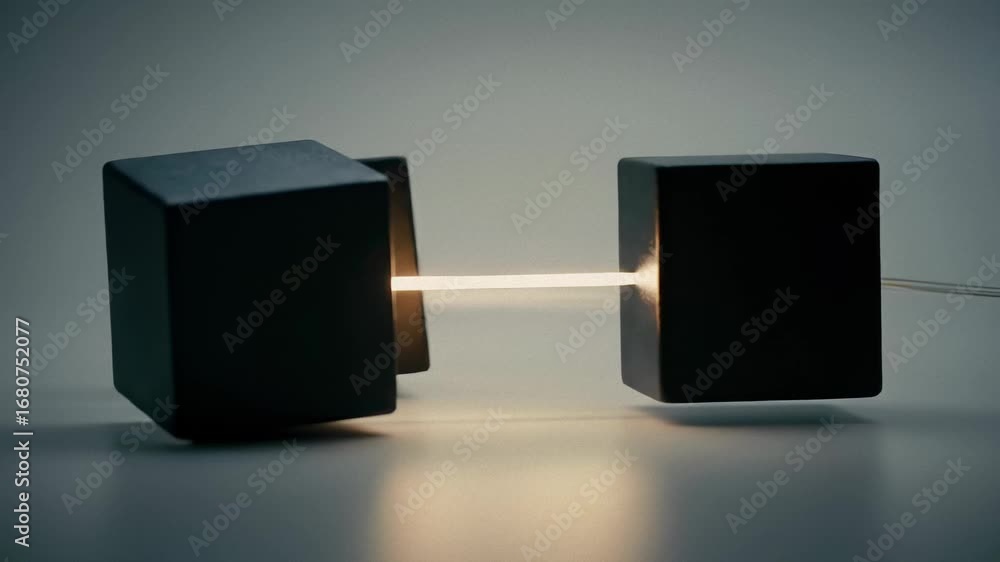 Poster black 3d cubes with glowing light connecting them, showing data transfer or digital connection conce