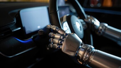 Robotic Hands Driving Modern Car Interior on Dark Dashboard