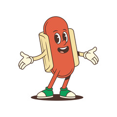 Open-armed hotdog mascot with big expressive eyes and cheerful grin appears inviting and warm. Great for promotions that spread joy, friendliness, and energy. Vector illustration