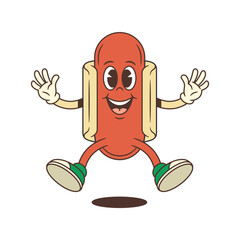 Playful hotdog mascot jumping high with arms lifted in excitement and joy. Perfect for children's events, fun advertising, or energetic promotional themes. Vector illustration