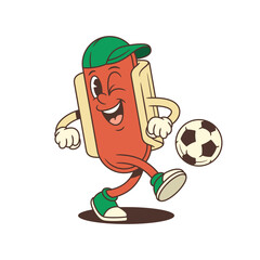 Active hotdog mascot kicks a soccer ball with energy and enthusiasm. Great for sports events, outdoor branding, or energetic promotions. Vector illustration