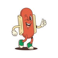 A cheerful hotdog mascot winks and gives a thumbs-up while walking in playful green cap and sneakers. Ideal for casual social events and entertainment marketing. Vector illustration