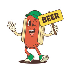 A hotdog mascot holding a beer sign with confident posture and a big smile creates an inviting atmosphere for lively festivals and parties. Perfect for fun advertising and event promotion