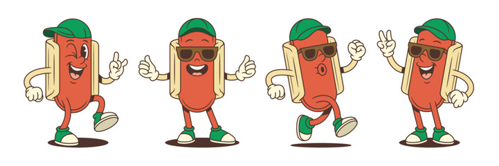 Energetic hotdog mascot poses with bold gestures, winks, peace signs, and stylish sunglasses. Great for fast food branding, digital promos, or playful packaging. Vector illustration