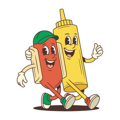 A joyful hotdog mascot standing beside a mustard bottle with thumbs up, symbolizing teamwork and celebration, perfect for food festivals and social gatherings promotion. Vector illustration