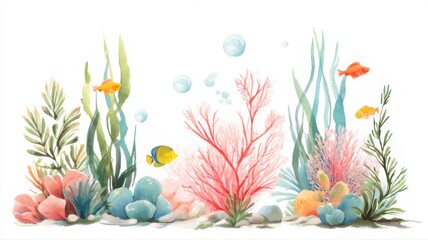 Watercolor Underwater Scene with Coral Reef, Fish, and Bubbles