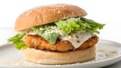 Delicious Classic Chicken Caesar Burger Stacked With Crisp Romaine Lettuce, Creamy Caesar Dressing, And Fresh Parmesan Cheese, A Flavorful Twist On A Gourmet Fast Food Favorite