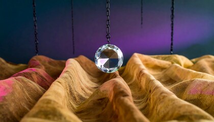 Crystal sphere hanging over textured fabric