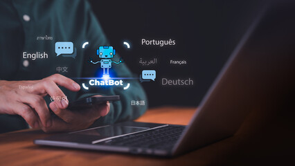 Chatbot technology with multilingual communication icons on smartphone and laptop concept. AI...
