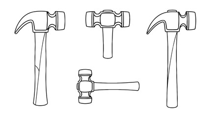 Outlined hammers illustration. Carpentry tools, building construction, blacksmith implements, hand instruments, repair, renovation, workshop, industry equipment.