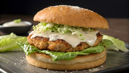 Delicious Classic Chicken Caesar Burger Stacked With Crisp Romaine Lettuce, Creamy Caesar Dressing, And Fresh Parmesan Cheese, A Flavorful Twist On A Gourmet Fast Food Favorite