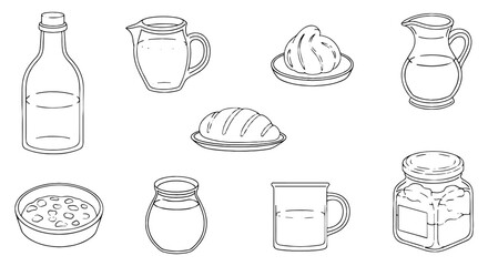 Still life of various food and liquid containers. Food, drink, bread, snacks, water, oil, container, jar, bottle, milk, cooking, baking, ingredients, nutrition, meal.