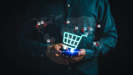 Digital shopping cart icon with global map and network connection, symbolizing e-commerce, online retail, worldwide business, shopping online, internet marketing and global digital trade concept.