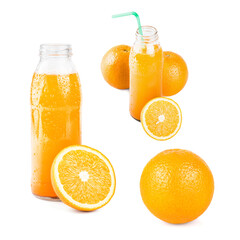 Set of compositions orange juice. Isolated drink. Glass of orange juice, fresh orange whole and sliced.