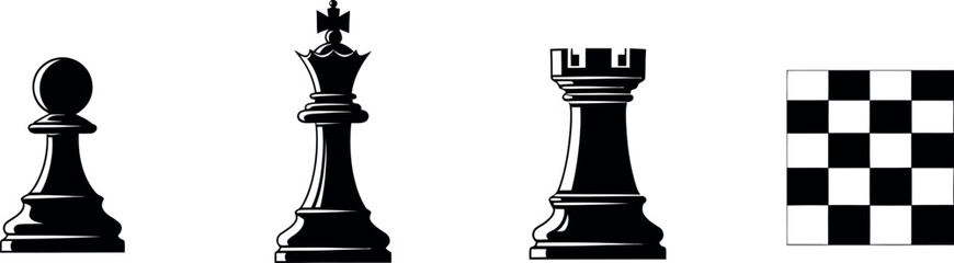 Black chess pieces including a pawn, king, and rook, with a checkered chessboard pattern. A digital vector illustration of the classic board game.