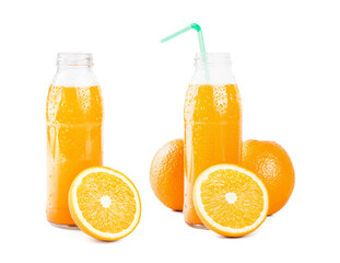 Set of compositions orange juice. Isolated drink. Glass of orange juice, fresh orange whole and sliced.
