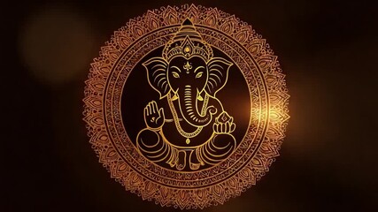 Golden Ganesh Chaturthi symbol on a decorative circular background with warm lighting - Powered by Adobe