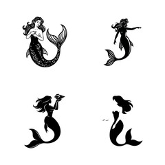Black and White Mermaid Vector Set with Four Unique Illustrations
