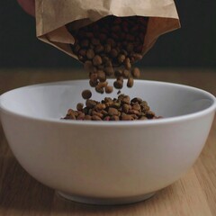 Pet food pouring from brown paper bag into white bowl