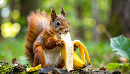 Squirrel banana forest eco food campaign nature wildlife animal green eating cute yellow fruit environment natural mammal outdoor summer leaf tree fur rodent healthy snack vegetarian organic fresh