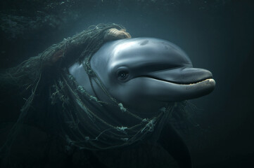 Fototapeta premium Dolphin Trapped and Tangled in Plastic Debris and a Fishing Net