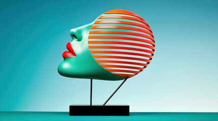A striking teal face sculpture is bisected by layers of orange stripes, supported by a minimalist black stand, all set against a gradient teal