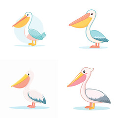 Obraz premium Pelican cute pastel cartoon ensemble, lively vector illustration, cheerful expressions.