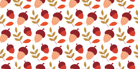 Cozy autumn pattern with acorns and twigs. Fall season forest background. Natural autumn aesthetic print, vector graphic