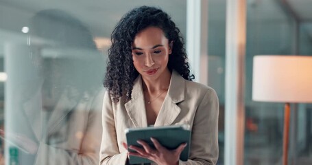 Office, tablet and business woman by window for online trading news, investment research and fintech. Corporate, website and person on digital tech for financial report, budget review and planning - Powered by Adobe