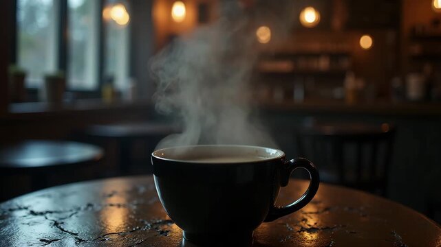 Steaming cup of coffee creates relaxing atmosphere on wooden table with vintage cafe background.