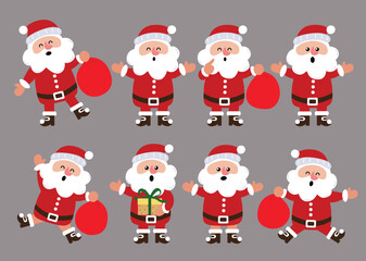 Santa Claus cute character clipart set. Santa Claus flat character in happy, friendly, cheerful and funny face clip art collection wearing mascot, costume, shoes and holding sack of gift for Christmas