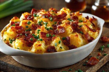 Creamy, cheesy potato dish topped with crispy bacon