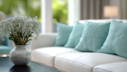 Cozy living room with white sofa and teal pillows