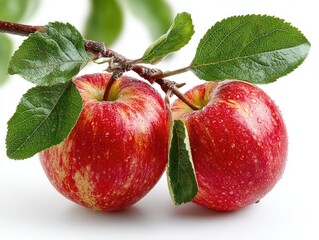 Two red apples with leaves on a branch