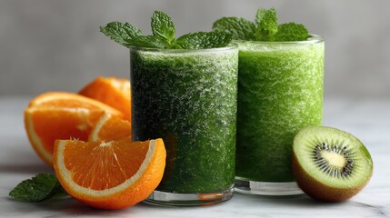 Two vibrant green smoothies, garnished with fresh mint, beside orange slices and kiwi