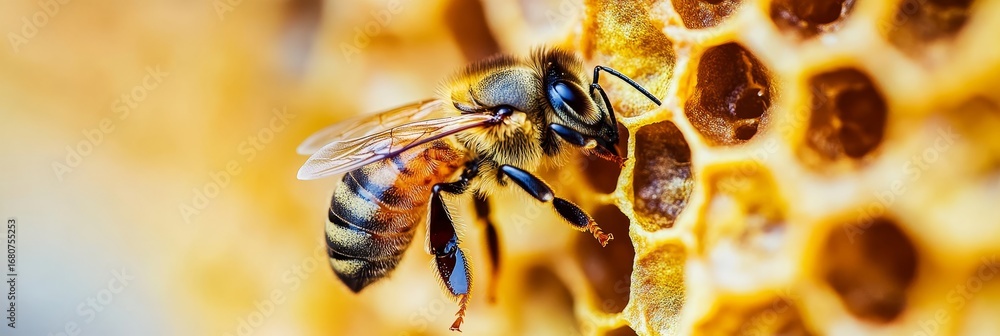 Poster close-up of a busy bee collecting nectar and making honey in intricate honeycomb cells