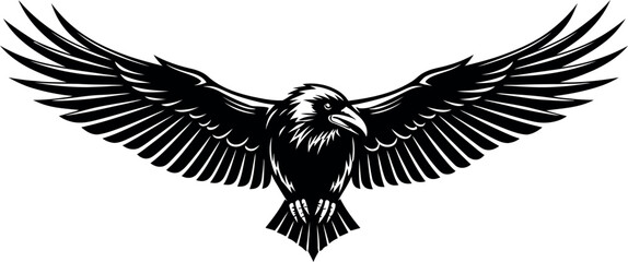 Obraz premium Majestic black raven or crow, a mystical and powerful winged predator with its wings spread wide in an aggressive and menacing pose, a captivating vector illustration.
