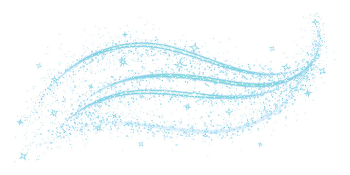 Swooping trails of sparkling blue stars isolated on transparent background