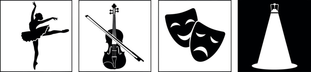 ballet dancer, violin, comedy and tragedy masks, and a spotlight on a stage, representing a variety of artistic performances.