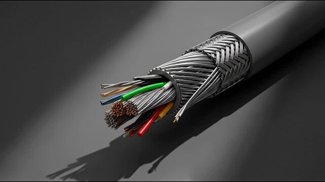 Detailed macro view of a complex electrical cable cross-section with braided metal shielding and multi-colored wires on a grey background.