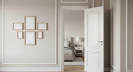 Elegant Interior Design with Framed Pictures and Doorway to Bedroom.