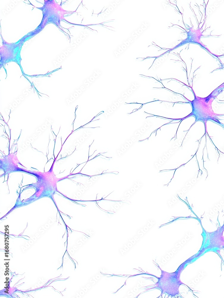 Poster neurons with vibrant branches on a white background, showcasing the complexity of neural networks in
